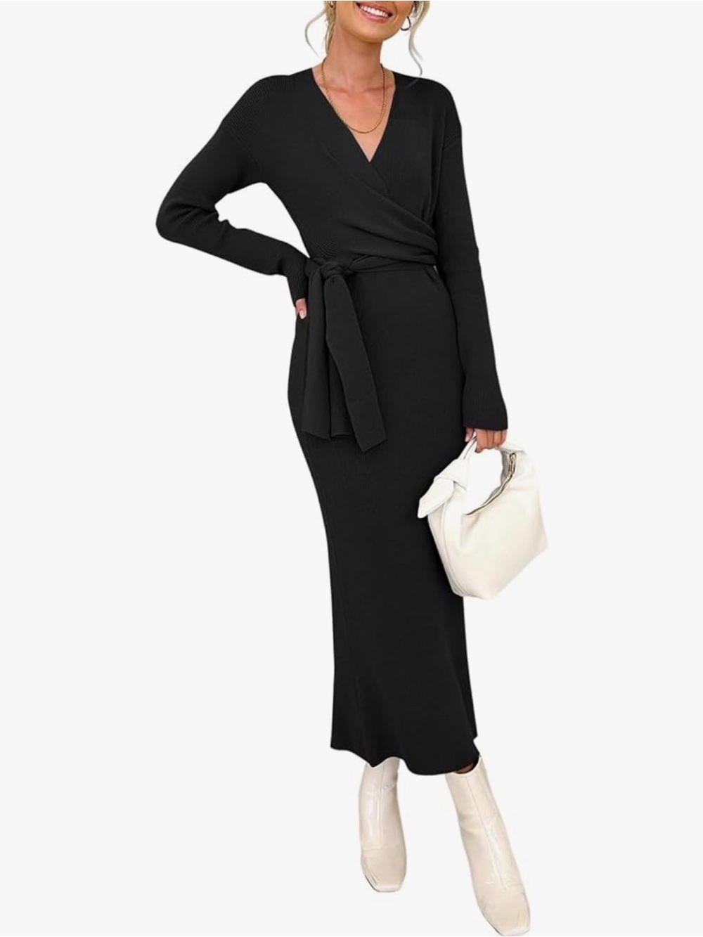 Amazon Black Long-Sleeve Wrap Maxi Dress with Side Tie